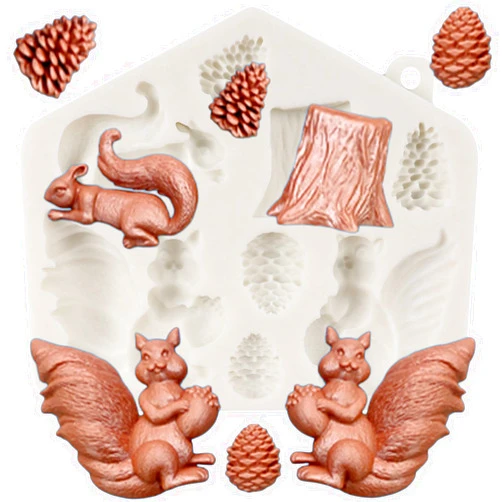 QDMOLDS Squirrel Silicone Molds Pine Cone Tree Trunk Fondant Mold Tree Stump Molds for Cake Decoration Cupcake Topper Chocolate Candy Gum Paste Polymer Clay