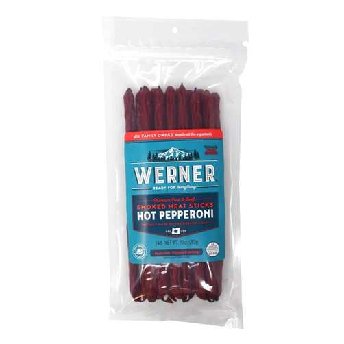 Werner Hot Pepperoni Meat Sticks - 14 Count Bulk Spicy Meat Sticks, 10 Ounce Resealable Bag