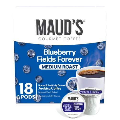 Maud's Blueberry Flavored Coffee Pods, 18 ct, Medium Roast Flavored Coffee in Recyclable Single Serve Pods – 100% Arabica Beans, Compatible with Keurig K Cups Maker