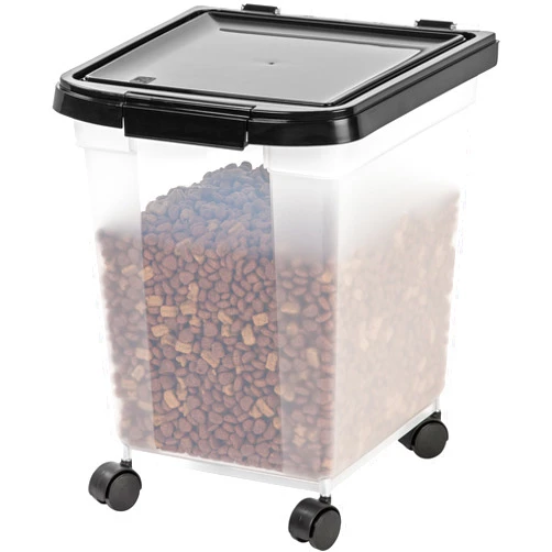IRIS USA WeatherPro Airtight Dog Food Storage Container, Up to 25 lbs, Removable Wheels, for Dog Cat Bird and Other Pet Food Storage Bin, Keep Fresh, Translucent Body, Clear/Black
