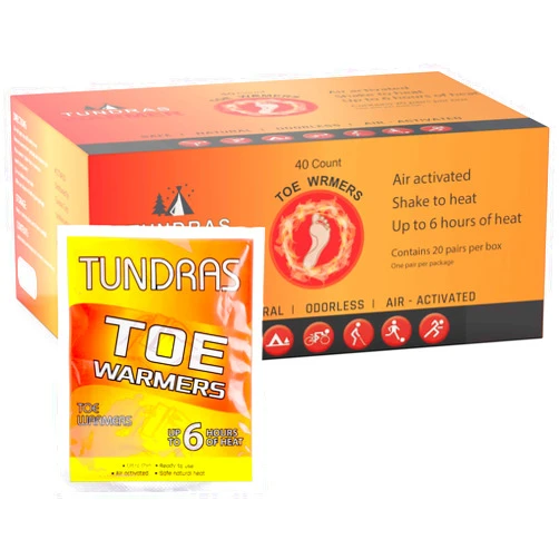 Tundras Hot Toe Foot Heat Warmers - 40 Count, Adhesive Long Lasting Air Activated Disposable Natural Heating Pads for Shoes, Boots – Odorless & Comfortable for Outdoor Work, Sports Activities