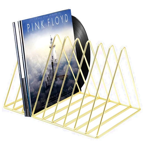 Udreamer 9 Slot Record Holder,Desktop Vinyl Record Storage Holds Up 30 LPs,Metal Magazine Holder Triangle File Holder for Office Homer,Golden
