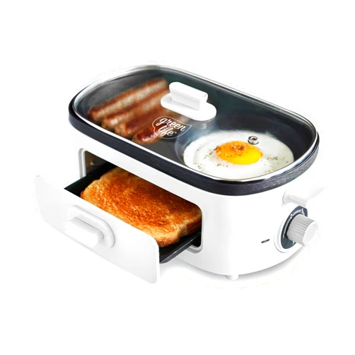 GreenLife 3-in-1 Breakfast Maker Station, Healthy Ceramic Nonstick Dual Griddles for Eggs Meat Sausage Bacon Pancakes and Breakfast Sandwiches, 2 Slice Toast Drawer, Easy-to-use Timer, White