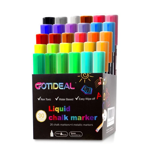 GOTIDEAL Liquid Chalk Markers, 30 colors Premium Window Chalkboard Neon Pens, Including 4 Metallic Colors, Painting and Drawing for Kids and Adults, Bistro & Restaurant, Wet Erase - Reversible Tip