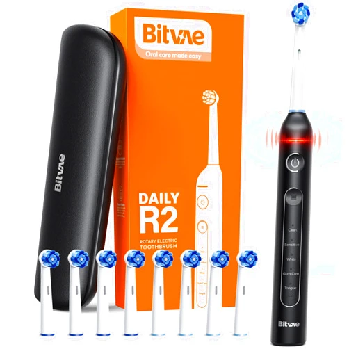 Bitvae R2 Rotating Electric Toothbrush for Adults with 8 Brush Heads, Travel Case, 5 Modes Rechargeable Power Toothbrush with Pressure Sensor, 3 Hours Fast Charge for 30 Days, Black