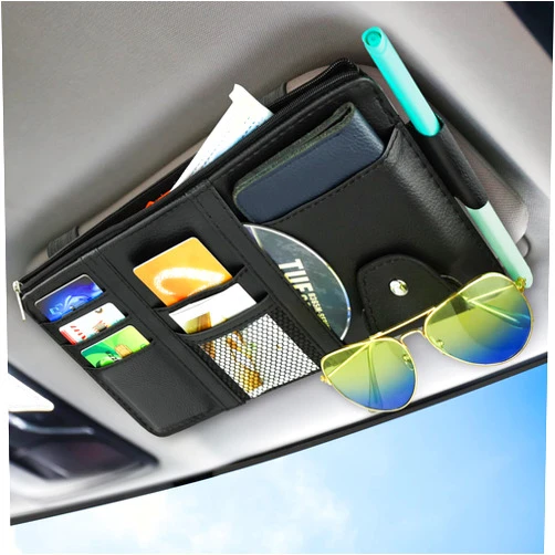ZXFYE Car Sun Visor Organizer, Leather Pocket Organizer Sunglass Holder for Car Interior Accessories with Multi-Pocket Net Zipper (Black)