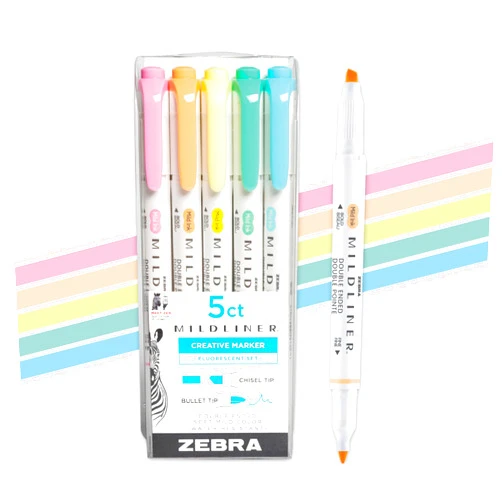 Zebra Pen Mildliner Dual-Tip Highlighter Marker Set, Broad and Fine Point Tips, No Bleed, Ideal for Bible Highlighting, Journaling and Note-Taking, Assorted Fluorescent Ink Colors, 5-Pack (78105)