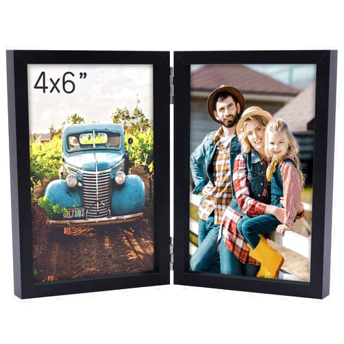 AEVETE 4x6 Picture Frames Double Hinged Wood Folding Photo Frames Vertical with Real Glass Front, Black