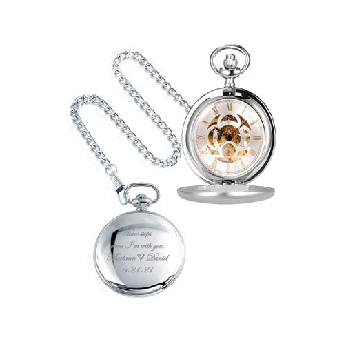 Custom Personalized Antique Mechanical Movement Silver Pocket Watch Custom Engraved Free with Gift Box - Ships from USA (PW51)