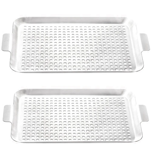Nicunom 2 Pack Grilling Pans, BBQ Grill Topper Stainless Steel Grill Tray Grid Grill Basket Non-Stick, Outdoor Grill Accessories for Barbecue, Meat, Vegetables, Seafood, 10