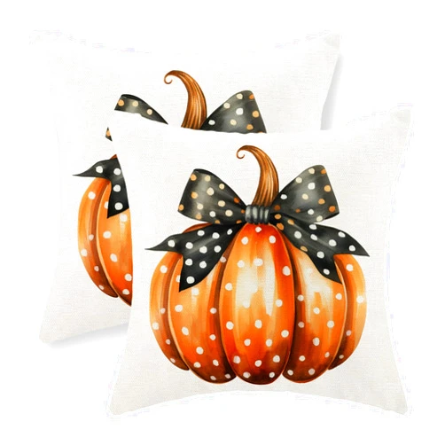 JEFERSO Fall Pillow Covers 18x18 Set of 2 Polka Dot Orange Pumpkin Fall Decor Throw Pillow Covers Autumn Harvest Thanksgiving Decoration Outdoor Pillowcase Linen Farmhouse Cushion Case for Couch Home
