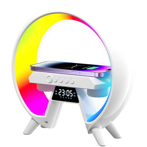 Kzalzaci Atmosphere LED Lamp Night Light Wireless Speaker, 15W Wireless Charger, Alarm Clock and Built-in Battery Ideal Gift for Birthday, Elegant Bedroom Deco (A Shape)