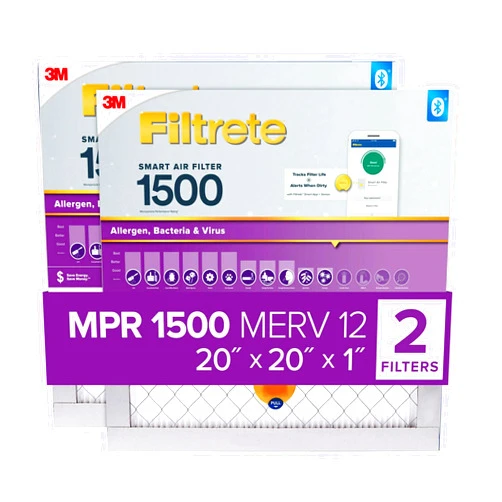 Filtrete 20x20x1 AC Furnace SMART Air Filter, MERV 12, MPR 1500, Track Filter Life With Bluetooth Enabled Sensor, CERTIFIED asthma & allergy friendly, 2-Pack (Actual Size 19.719x19.719x0.78 in)