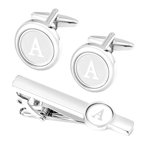 GWD Silver Initial Cufflinks and Tie Clip Set for Men Stainless Steel Personalized Tuxedo Shirt Cuff Links Letter Alphabet A-Z Gift for Father Husband