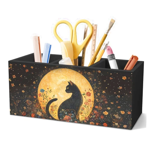 AQYIP Witchy Black Cat Pen Holder for Home Office Desk, Cat Lover Gifts, Witchy Moonlight Floral Black Cats Makeup Brush Toothbrush Holder Organizer for Bathroom Desk Accessories