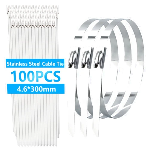 Bemaka 100Pcs Metal Zip Ties 11.8 Inch 304 Stainless Steel Cable Ties Heavy Duty Self-locking Zip Ties for Outdoor Fence Farm Cable Pipe Garden Lamp H-082-100PCS