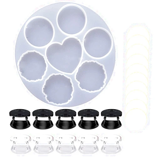 Dstertech 1Pcs 7 Cavity Epoxy Resin Molds for Phone Holder Making, with 10Pcs 360 Degrees Rotating Fold-able Cellphone Stand Holders and 10pcs Matched Double-Sided Adhesive Tape, DIY Resin Art Crafts