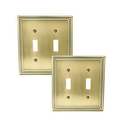 Treewell 2-Pack Double Toggle Light Switch Cover Plate, Pearls Decorative Dual Switch Plate Covers, Antique Brass 2 Gang Metal Wall Plate, Corrosion Resistant