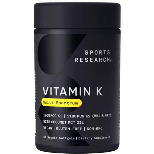 Sports Research Vitamin K Multi-Spectrum (2180mcg) with Coconut Oil - 3 Types of Vitamin K: K1, K2 MK-4 & K2 MK-7 - Vegan Friendly & Gluten Free - 60 softgels