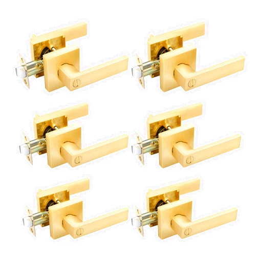 EHOMEWARE 6 Pack Gold Door Knobs Interior Brass Door Handles in Satin Brass Finish, Privacy Function for Bedroom Bathroom, Heavy Duty Gold Door Handles Levers with Modern Design