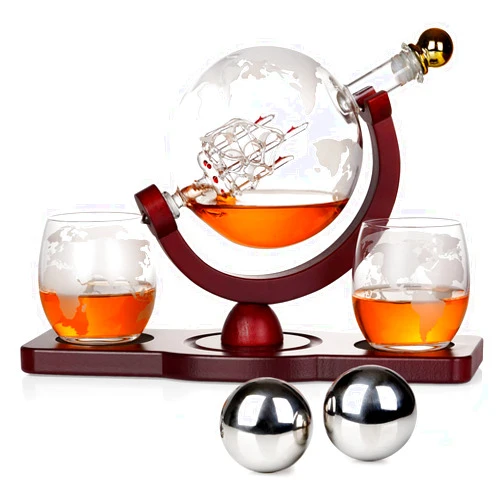 PONPUR Gifts for Men Dad Christmas, PONPUR Whiskey Decanter Globe Set with 2 Ball Stones & 2 Glasses, Anniversary Birthday Gifts for Him Husband Boyfriend Brother, Cool Stuff Gift for Bourbon Scotch