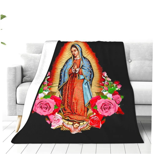 VAGTOFKQ Virgin Mary Blanket,Flannel Our Lady of Guadalupe Themed Blanket Soft Nap Throw Blanket Adults Gifts for Bed Couch Sofa Fiesta Home Decor (Virgin Mary-Black, 40''*30'')