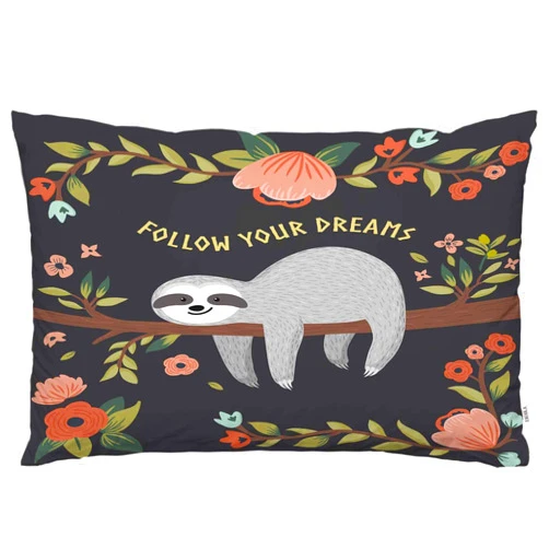 EKOBLA Throw Pillow Cover Cute Sloth On The Tree Follow Your Dreams Letter Quote Funny Animal Floral Branch Leaf Decor Lumbar Pillow Case Cushion for Sofa Couch Bed Standard Queen Size 20x30 Inch