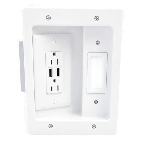 On-Q Legrand - OnQ in Wall Cable Management Kit with USB, TV Outlet Wall Kit Hides Cords, in Wall TV Power Kit Works with All Plugs, Recessed TV Outlet, White, HT21USBWHV1 (Hardwired)