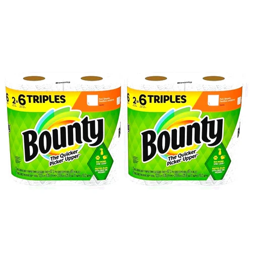Bounty Full Sheet Paper Towels, White, 2 Triple Rolls - 6 Regular Rolls (Pack of 2)