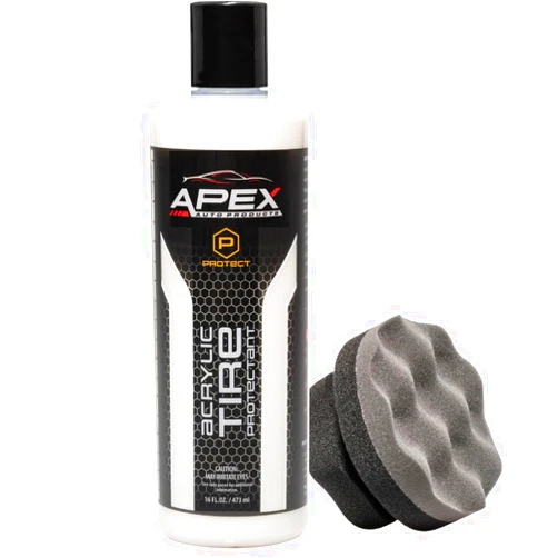 Apex Auto Products Apex Acrylic Tire Shine and Tire Shine Applicator - 16 oz Semi-Permanent - 6+ Months Durability - Easy to Apply - Fast Drying Car Tire Shine - No Sling - Glossy - Extreme Tire Dressing - Made in USA