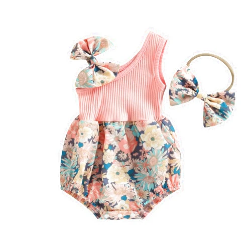 Pivanzore Baby Girls Floral Playsuits Ruffled Bodysuit Print Fly Sleeve Romper Skirt Jumpsuit Infant Summer Clothes+Headband