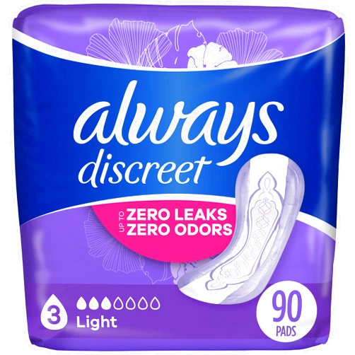 Always Discreet Adult Incontinence Pads for Women, Light Absorbency, Regular Length, Postpartum Pads, 30 Count x 3 Packs (90 Count Total)