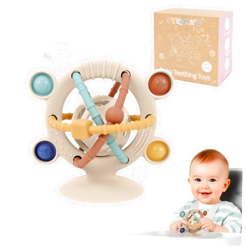 TYRY.HU Silicone Baby Teething Toys for Babies 0-6 6-12 Months, Multi Purpose High Chair Toys, Baby Suction Table Toys, Montessori Sensory Toys with Rattle for Teething Relief, Gift for Infant, Khaki