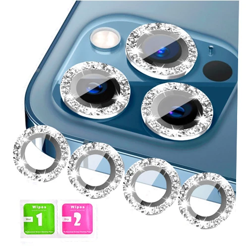 KONVOK [3+1 Compatible with iPhone 12, 12 mini, 12 Pro Camera Lens Protector Glitter Bling, Tempered Glass Clear Camera Cover Screen Protector Metal Ring Accessories, Case Friendly (Silver)