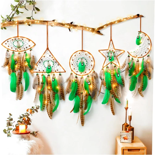 Dremisland 5PCS Dream Catcher Moon Sun Star Evil Eye Design Handmade Dream Catchers with Light Boho Wall Hanging Decor for Home Bedroom Decoration Ornament Craft Gift Decor Blessing Gift (5PCS)
