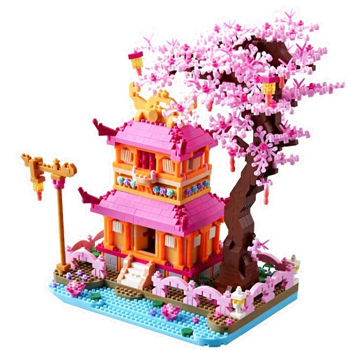 LUKHANG Cherry Blossom Tree House Micro Building Blocks Set Enjoy Flower Pavilion 1810pcs Exquisite Architecture Model Kit for Girls and Women (Adults or Kids Age of 14+)