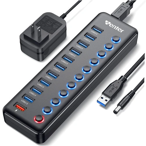 WENTER Powered USB Hub, Wenter 11-Port USB Splitter Hub (10 Faster Data Transfer Ports+ 1 Smart Charging Port) with Individual LED On/Off Switches, USB Hub 3.0 Powered with Power Adapter for Mac, PC