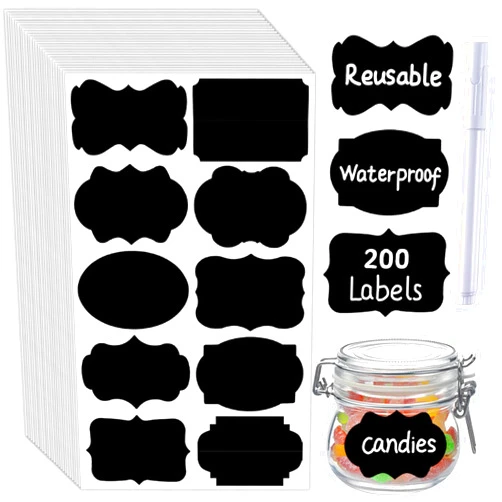 TKYZMS 200 Pcs Chalkboard Labels,Reusable Labels with 1 Liquid Chalk Markers Removable Labels,Suitable for Mason Jars Storage Boxes Food Containers Storage Jars Kitchen Food Spice Storage(Black)