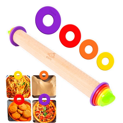 Kitchtic Adjustable Rolling Pin with Removable Rings - Precision Baking and Cookie Dough Rolling Pin with Thickness Measuring Rings for Perfectly Rolled Dough - Multi-Color - 16.9''x2.5''x2.5''