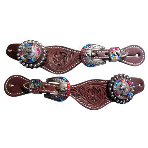 Showman Youth Dark Oil Floral Tooled Engraved Unicorn Rhinestone Buckles Conchos Leather Spur Straps