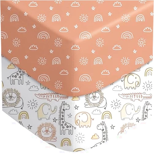 Yoofoss Pack and Play Sheets Fitted, Mini Crib Sheets 2-Pack for Pack N Play Mattress, Stretchy Playard Sheet, Soft and Breathable Animal World