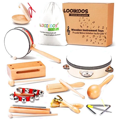 LOOIKOOS Baby Musical Instruments Montessori Toys for Toddlers 1-3,Natural Wooden Percussion Instruments Set for Kids Preschool Educational Musical Toys 3+