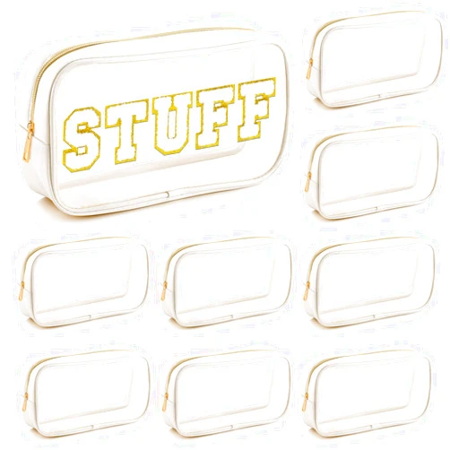 Cunno 9 Pcs Preppy Clear Makeup Bag DIY Chenille Letter Pouch Large Nylon Makeup Bag Travel Toiletry Zipper Cosmetic Organizer Pouch PVC Bags for Women, 9.5 x 5.1 x 2.8 Inch(Cream White)