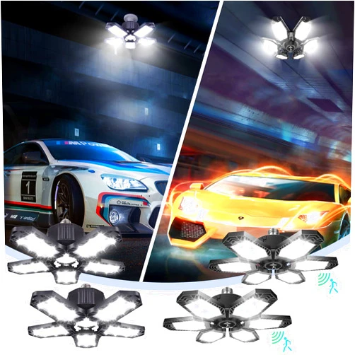 Amiluo LED Garage Light 2 Pack 5 Leaf 10000LM Bright Deformable LED Garage Lights & 150W Motion Sensor Garage Lights, 2 Pack 15000lm Garage Lighting Ultra Bright