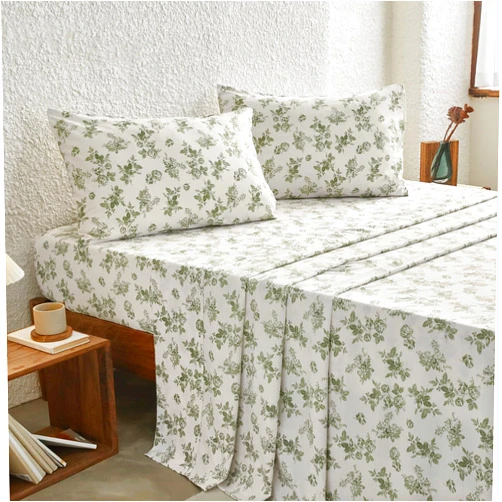 Wake In Cloud - Shabby Chic Bed Sheets, 4-Piece Sheet Set, Floral Botanical Coquette Cottagecore Vintage Flower, Soft Microfiber Deep Pocket Bedding, Sage Green, King Size
