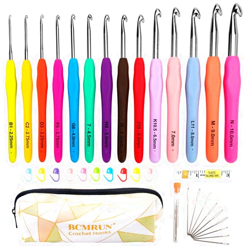 BCMRUN Crochet Hooks Set,14 PCS 2mm(B)-10mm(N) Ergonomic Soft Grip Handles Yarn Knitting Needles Kit with Case for Arthritic Hands, Extra Long  Knit Needles, Best Gift for Women