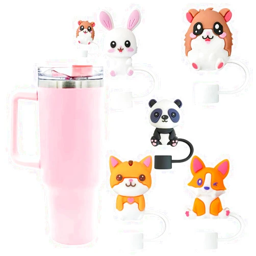TrolliTrubi 5 Pack Animal Shaped Straw Covers Compatible With Stanley Cups Dust-Proof Straw Caps for30 to 40 oz Tumblers And Water Bottles Cup 10mm 0.4 inch Reusable Silicone Straw Covers (Animal)