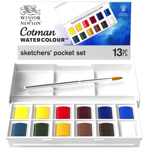 Winsor & Newton Cotman Watercolor Paint Set, Sketchers' Pocket Set, 12 Half Pan w/ Brush