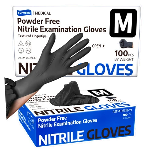 Supmedic Medical Nitrile Exam Gloves, Black 3.5 mil Powder-Free Latex-Free Food Safe Cleaning Disposable Glove, 100 Pcs