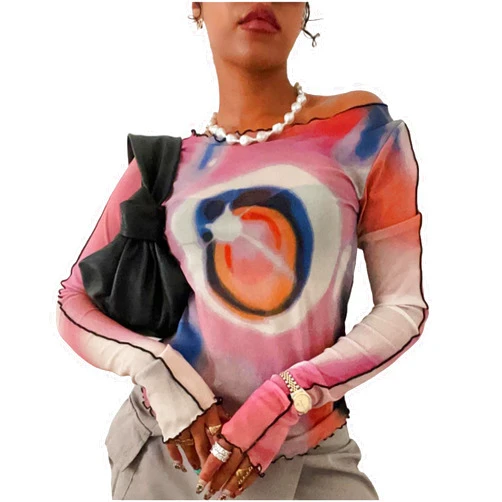 Caviotess Women's Sexy Mesh See Through T Shirt Fashion Money Print Long Sleeve Crop Top Slim Tee Tops